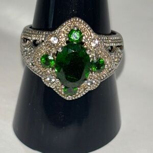 925 Sterling silver & 5 stone Green Garnet ring Sz 9 Art Deco/Victorian Mark HT
